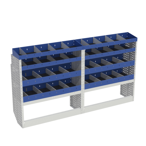 Scaffalatura interna base, sinistra colore blu con 2 copri passaruota aperti e scaffalature blu con divisori e scaffalatura terminale con divisori per veicoli PEUGEOT EXPERT 2016 S.