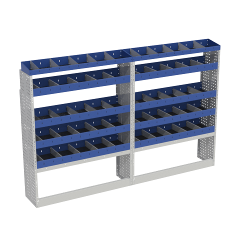Scaffalatura interna base, sinistra colore blu con 2 copri passaruota aperti e scaffalature blu con divisori e scaffalatura terminale con divisori per veicoli peugeot boxer l1h1.