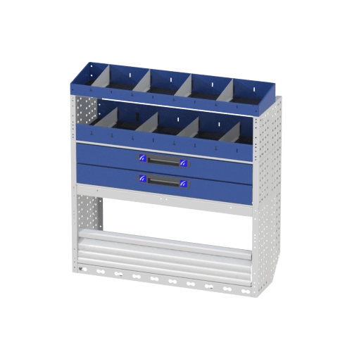 Scaffalatura interna destra comfort con copri passaruota con antina di chiusura, cassettiere con cassetti blu, scaffalature con divisori, scaffalatura terminale con divisori per furgoni CITROEN BERLINGO 2018 XL.
